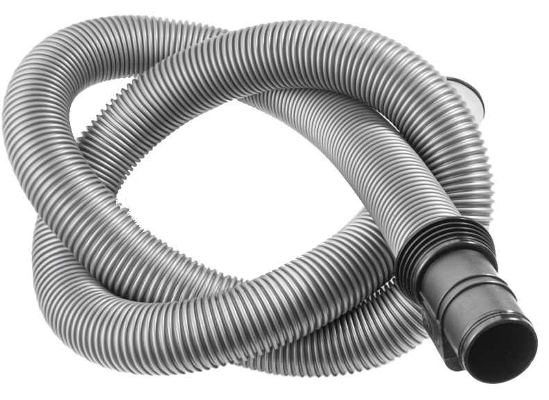 Flexible gray vacuum cleaner hose coiled with black attachment